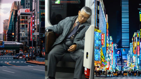 Shinkansen prechádza mestom, starší muž spí v japonskom metre, vysvietená ulica japonského mesta