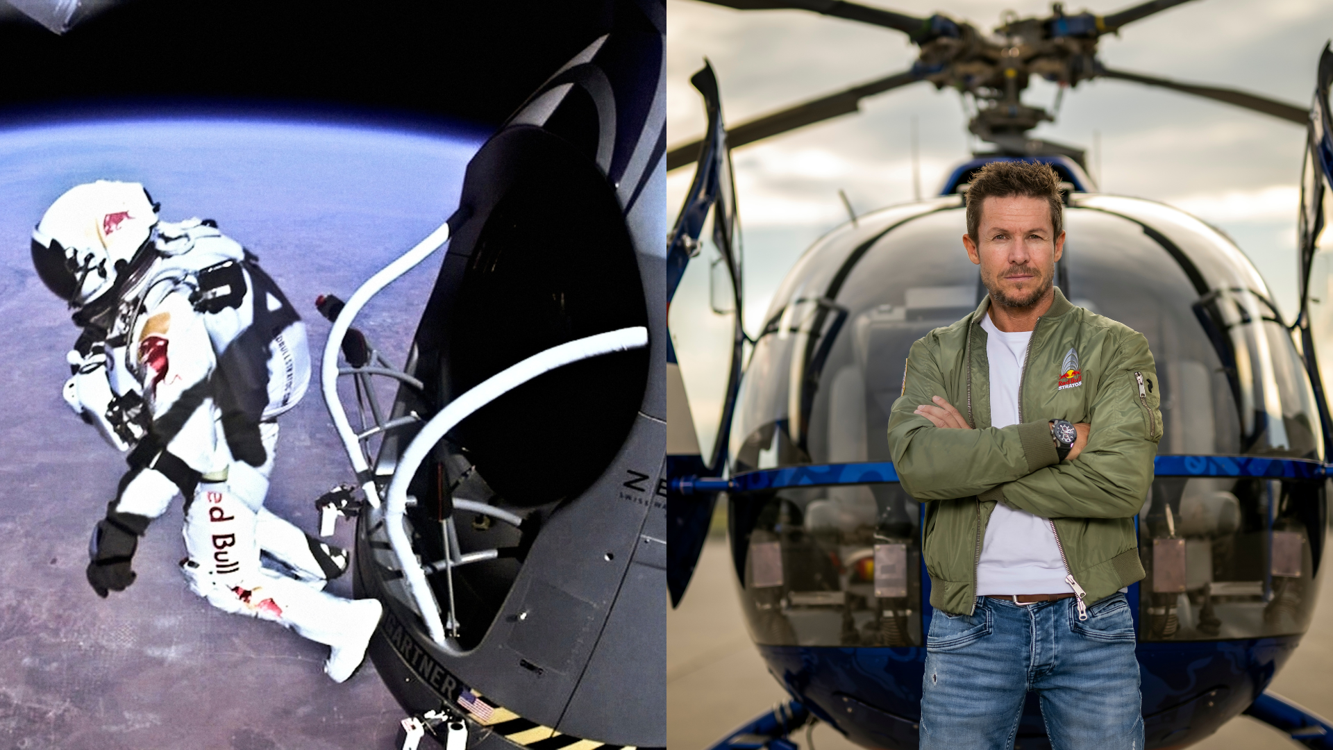 Na fotke parašutista vo vesmíre a pri helikoptére