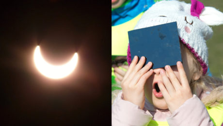 čiastočné zatmenie Slnka na Slovensku v roku 2011. Dievčatko sleduje zatmenie cez špeciálny filter