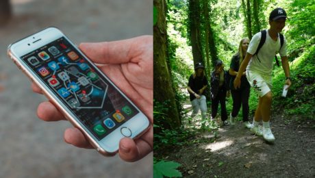 mobil v ruke a deti na turistike