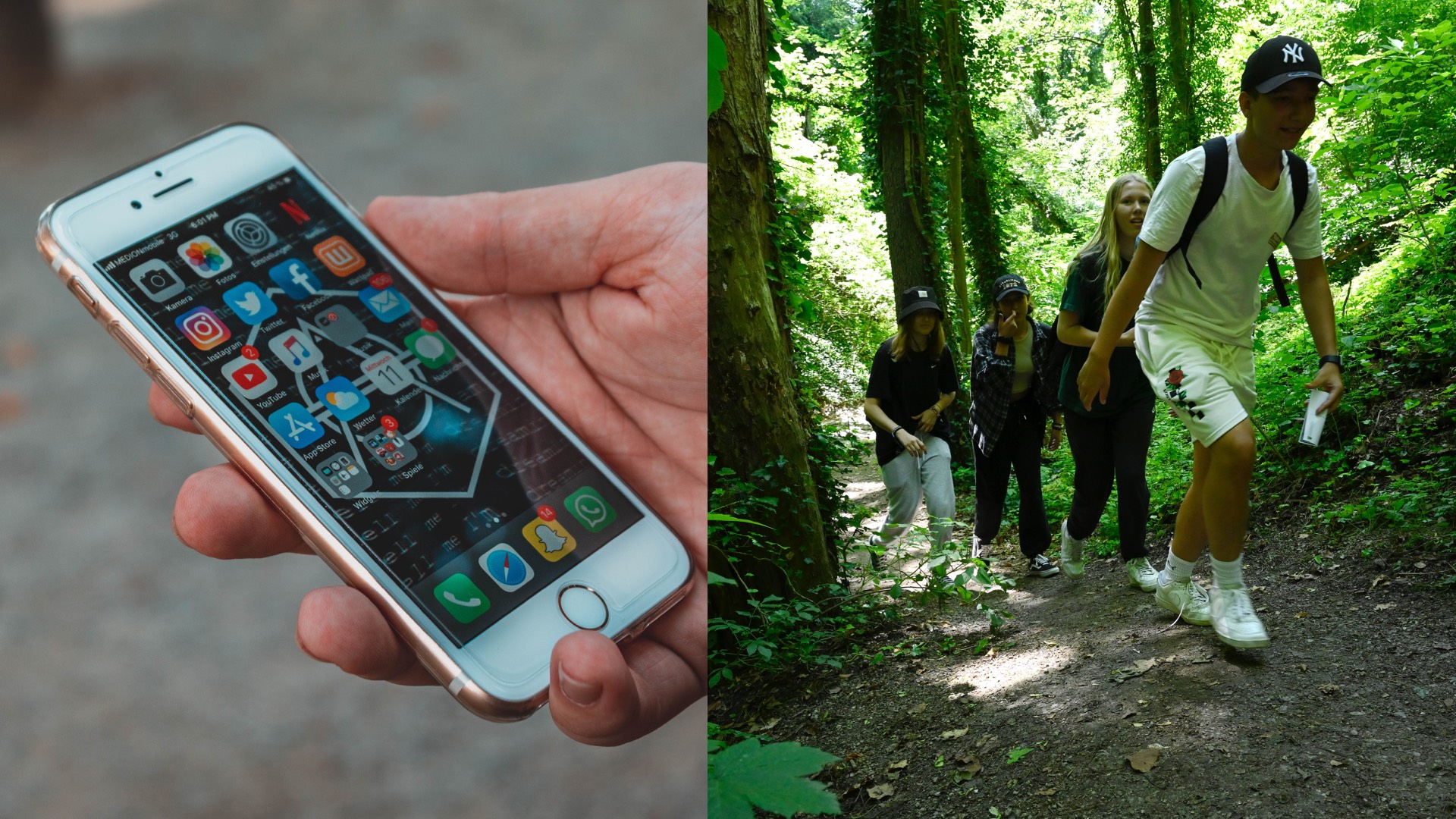 mobil v ruke a deti na turistike