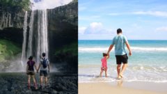 cestovanie dvojica pri vodopáde otec dieťa na pláži more dovolenka