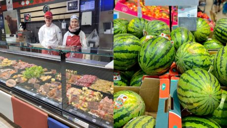 Na snímke sú melóny a predajcovia v potravinách Carrefour.