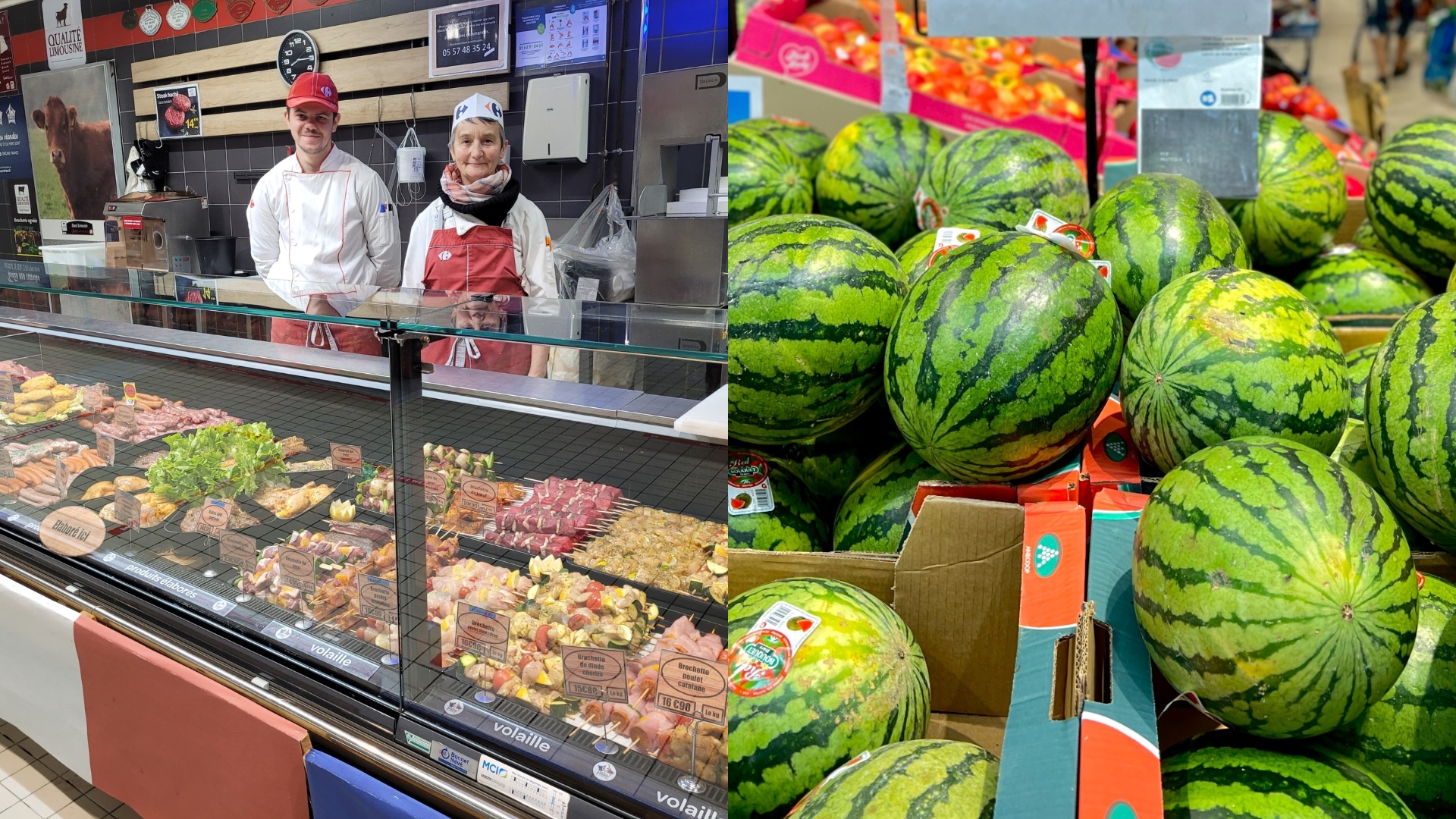 Na snímke sú melóny a predajcovia v potravinách Carrefour.