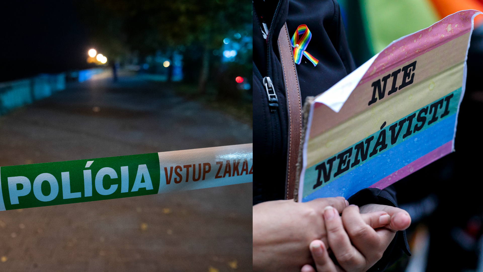 Policajná páska na nábreží Dunaja po streľbe na Zámockej ulici, účastníci zhromaždenia Ide nám o život na Námestí SNP v Bratislave