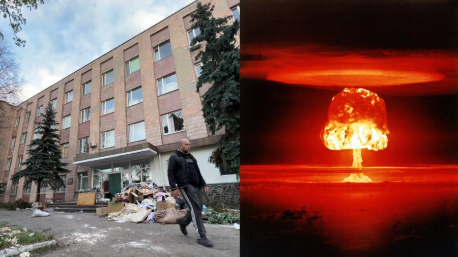 Budova v meste Buča – kancelárska budova slúžila ako úkryt pred bombami, kým ju Rusi prevzali ako veliteľstvo. Výbuch atómovej bomby, ilustračné foto