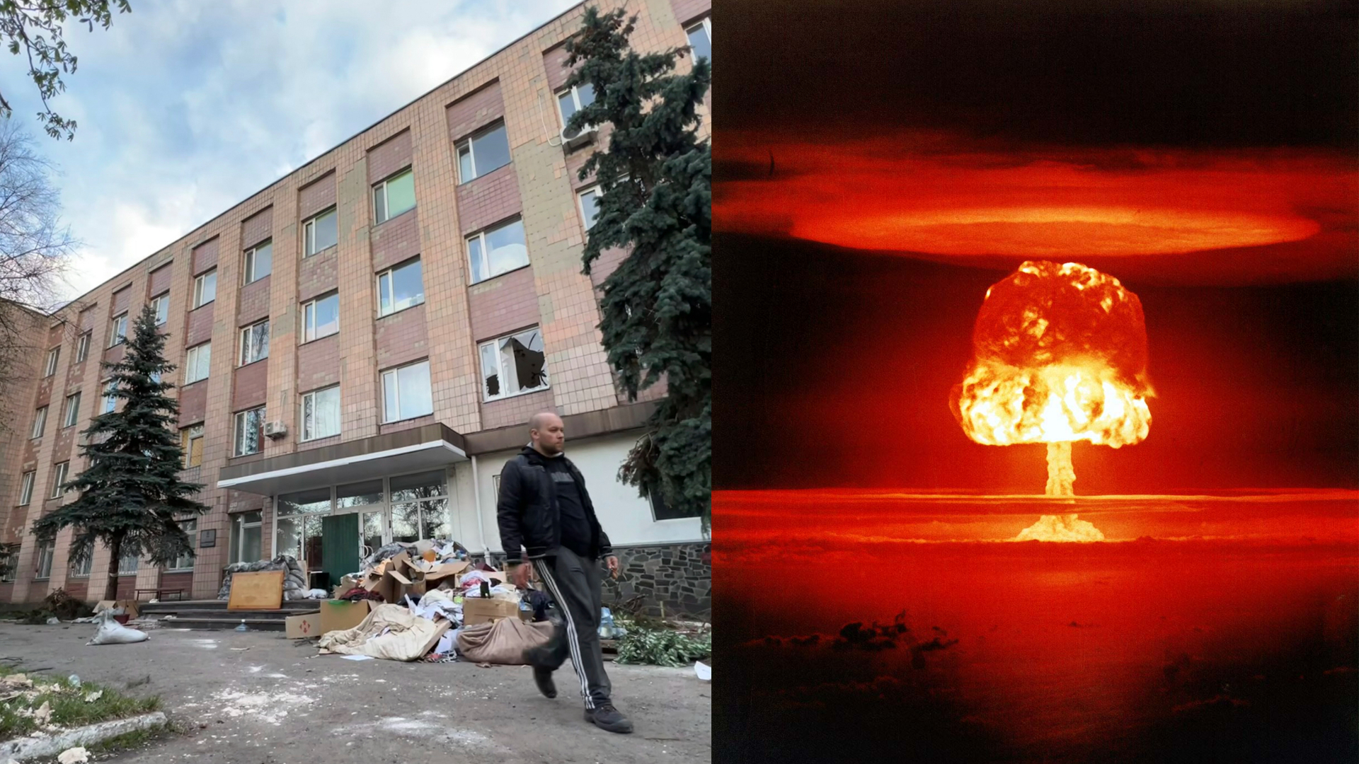 Budova v meste Buča – kancelárska budova slúžila ako úkryt pred bombami, kým ju Rusi prevzali ako veliteľstvo. Výbuch atómovej bomby, ilustračné foto