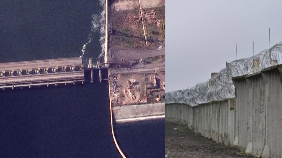 Na satelitnej snímke spoločnosti Maxar Technologies sa nachádza poškodená časť Kachovskej priehrady, múr na hranici s Bieloruskom