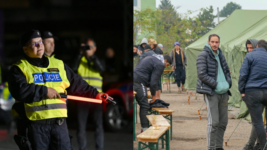 Príslušníci českej polície počas policajnej kontroly na hraniciach, migranti v stanovom mestečku