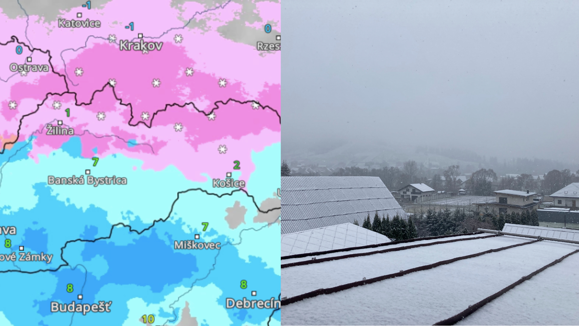 Radar, ktorý zaznamenáva snehové a dažďové zrážky na území Slovenska, prvé snehové vločky v Oravskom Veselom