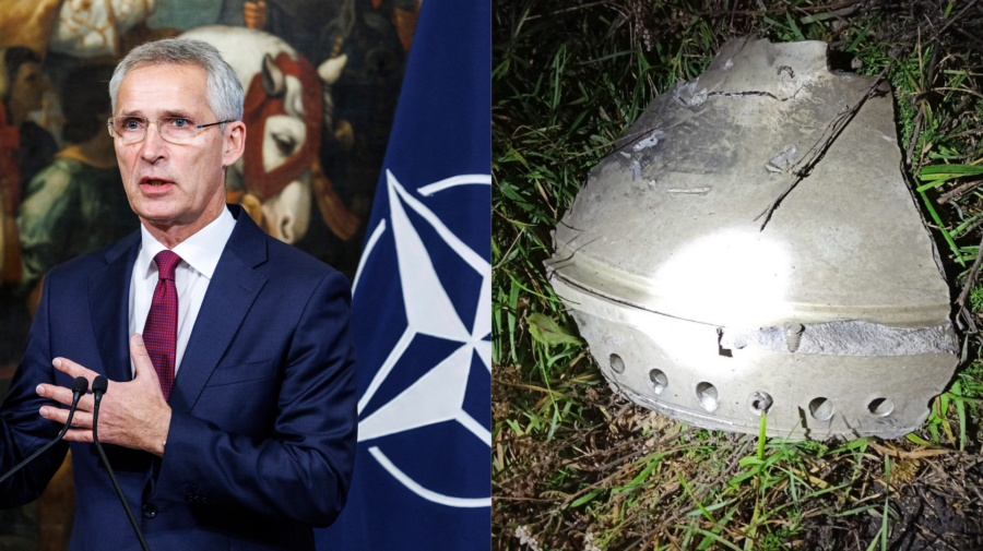 Generálny tajomník NATO Jens Stoltenberg a úlomok z rakety