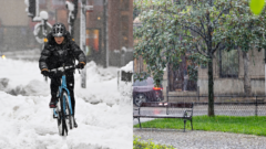 Lena v snehu na bicykli a dážď