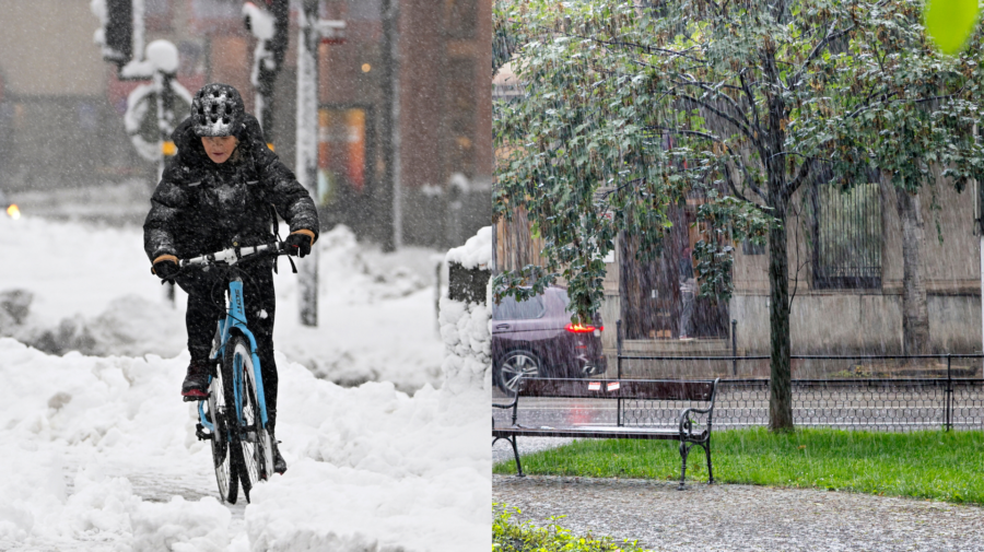 Lena v snehu na bicykli a dážď