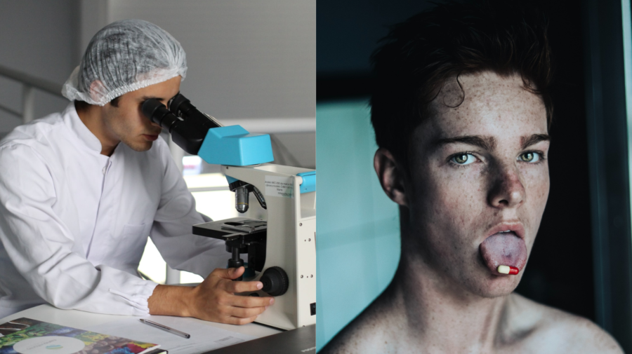 Vedec za mikroskopom a chlapec s tabletkou na jazyku