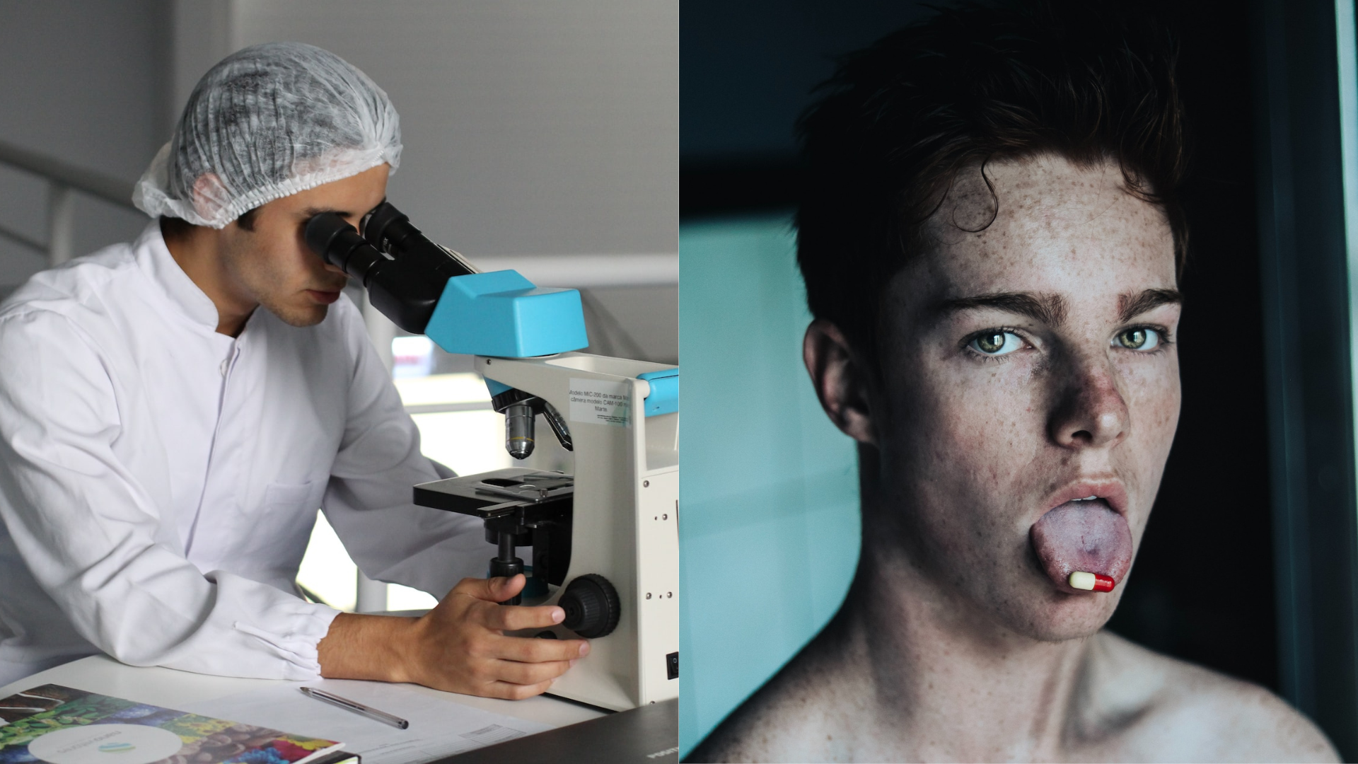 Vedec za mikroskopom a chlapec s tabletkou na jazyku