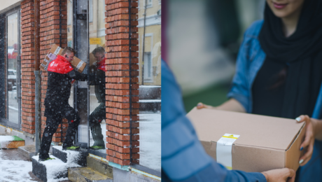 Kuriér doručuje balíček a balík odovzdaný žene