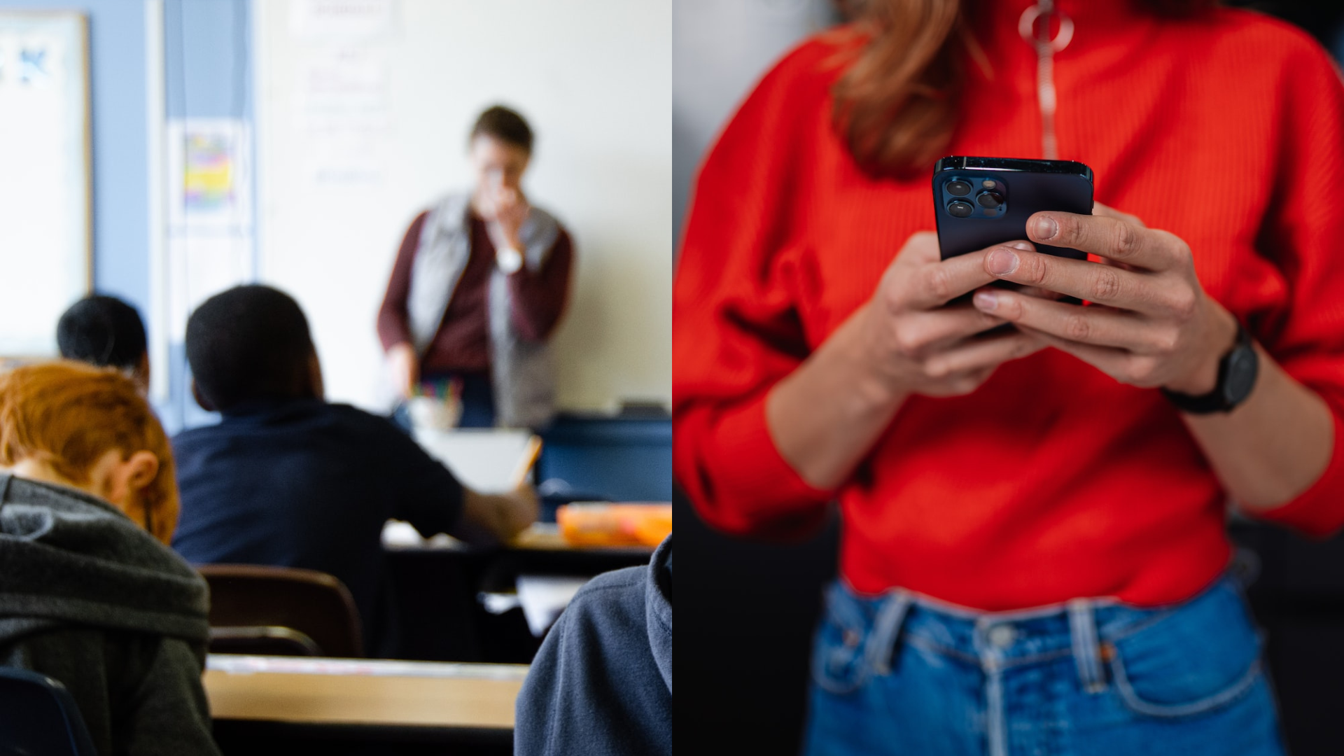 Učiteľ a žiaci a dievča s telefónom v rukách