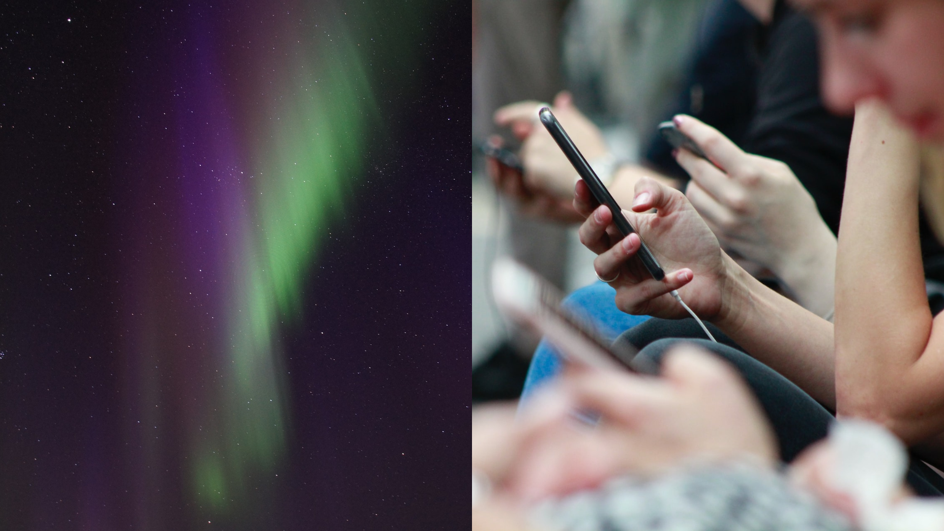 Polárna žiara na oblohe a ľudia na telefónoch