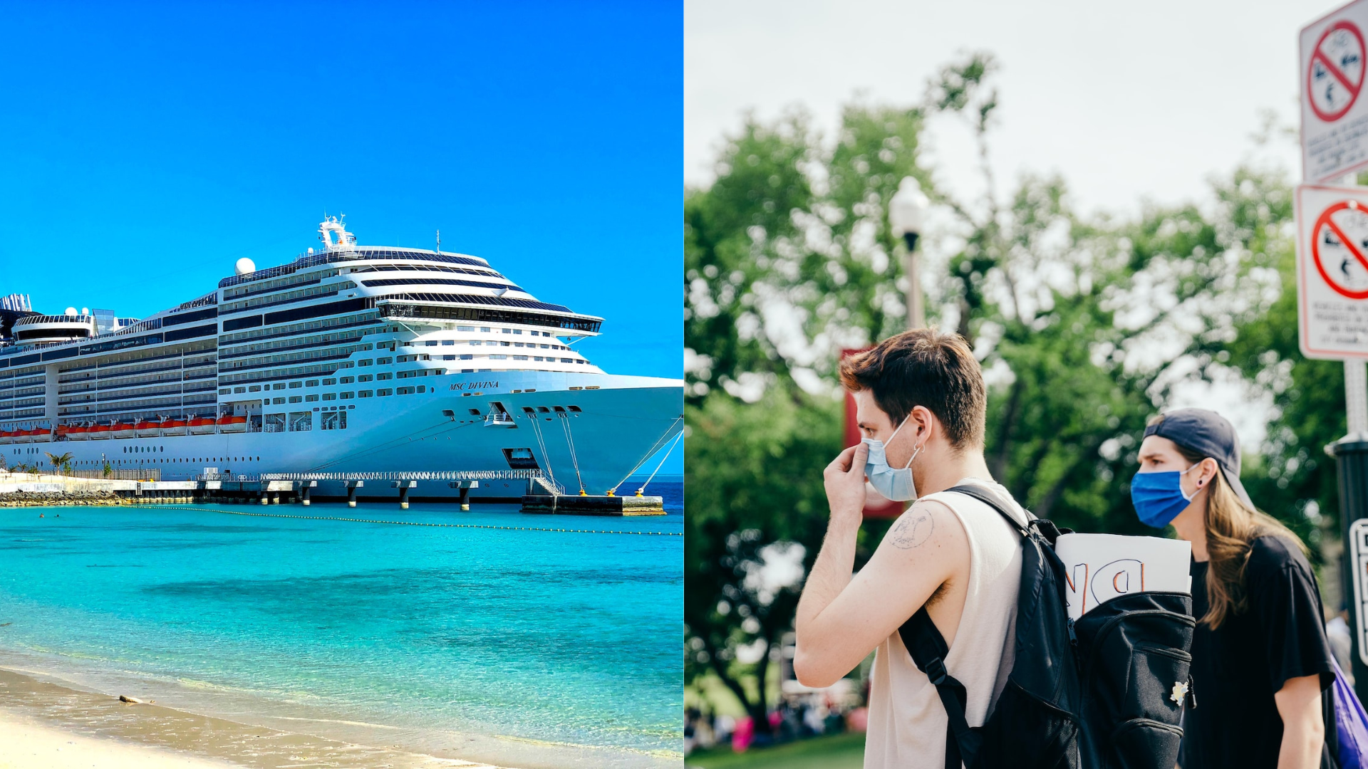 Zakotvená výletná loď a ľudia v rúškach