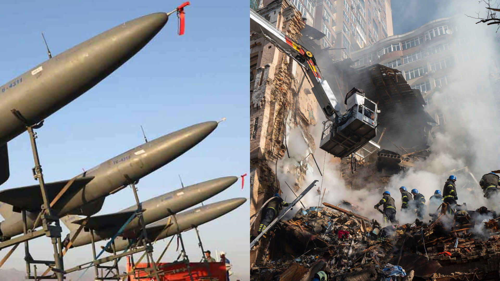 iránske drony šahid dodávané do Ruska, zničená budova v Kyjeve po útoku dronov