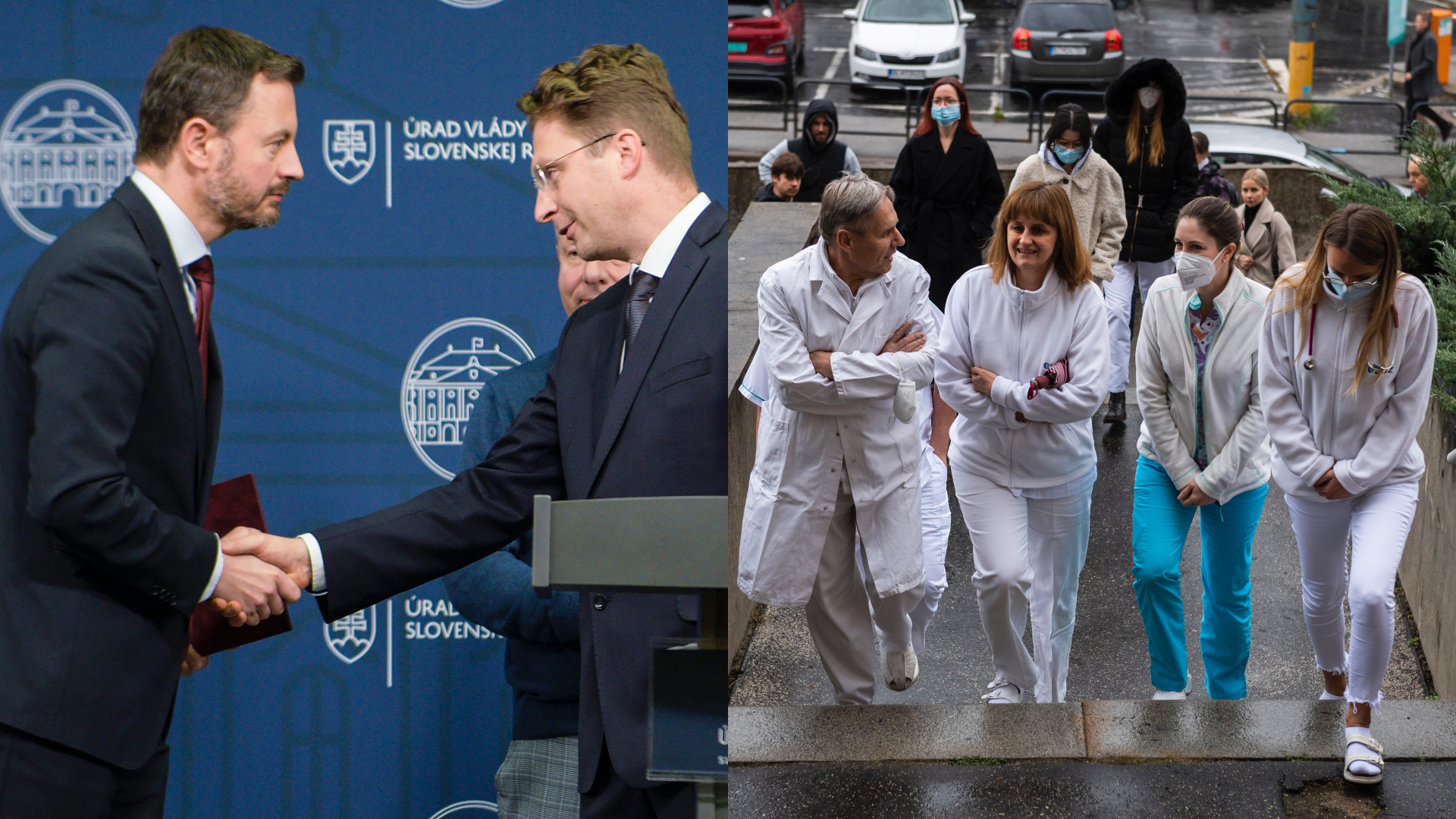 Premiér Eduard Heger a predseda LOZ Visolajský. Lekári kráčajú do budovy.