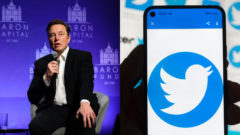 Miliardár, Američan, majiteľ Twitteru Elon Musk s mikrofónom a telefón s logom Twitteru