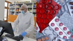 Na snímke je lekárnik a lieky.