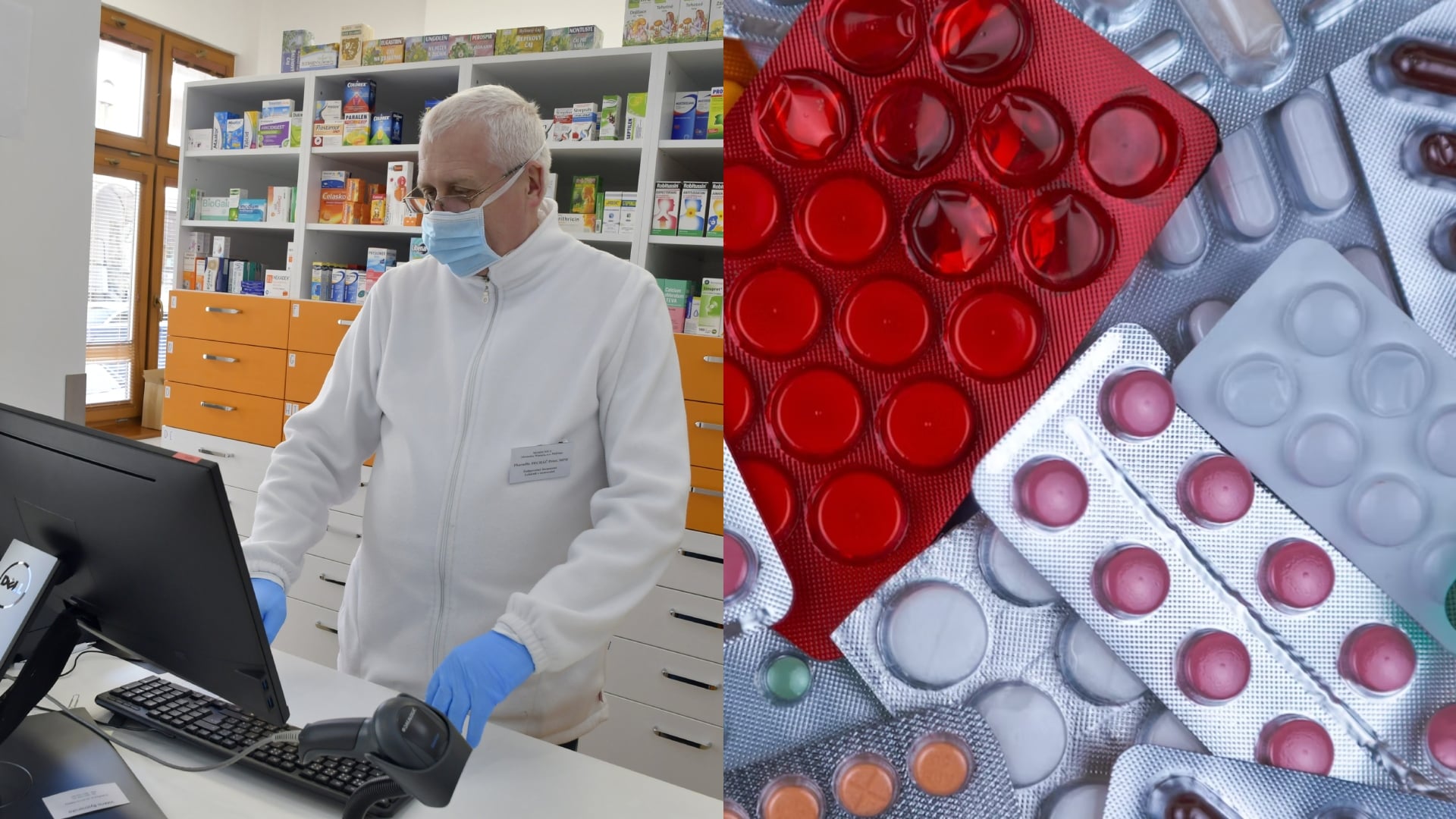 Na snímke je lekárnik a lieky.