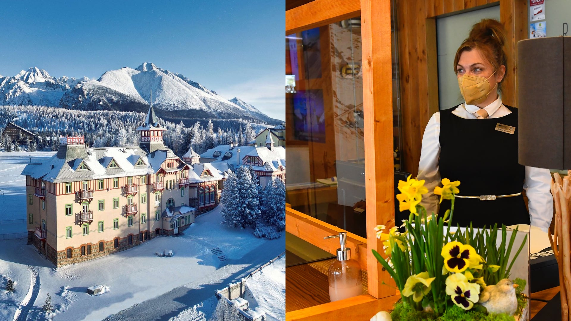 Grand hotel Kempinski vo Vysokých Tatrách pri Štrbskom plese a recepčná v hoteli za okienkom