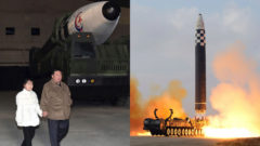Kim Čong-un so svojou dcérou a balistická raketa Hwasong-17