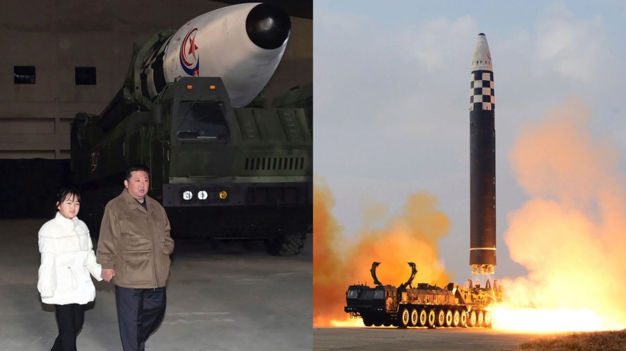 Kim Čong-un so svojou dcérou a balistická raketa Hwasong-17