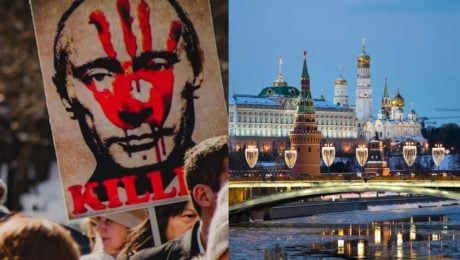 Na snímke je Moskva a Putin na plagáte.