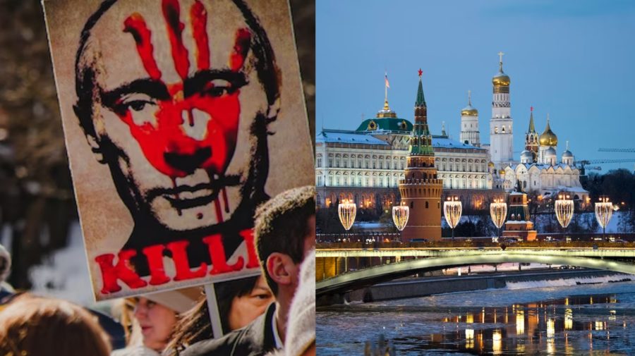 Na snímke je Moskva a Putin na plagáte.