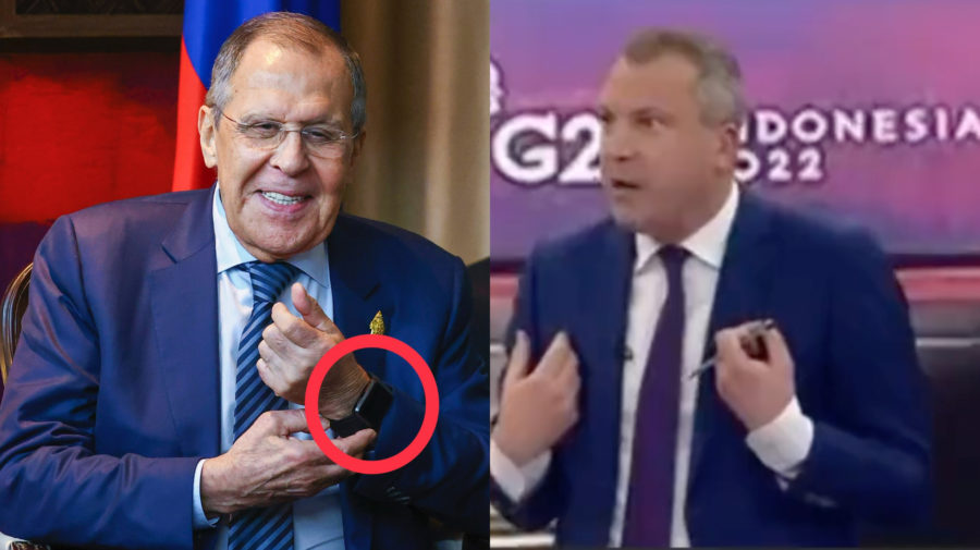 Minister zahrničných vecí Ruska Sergej Lavrov a propagandista, moderátor a politik Jevgenij Popov