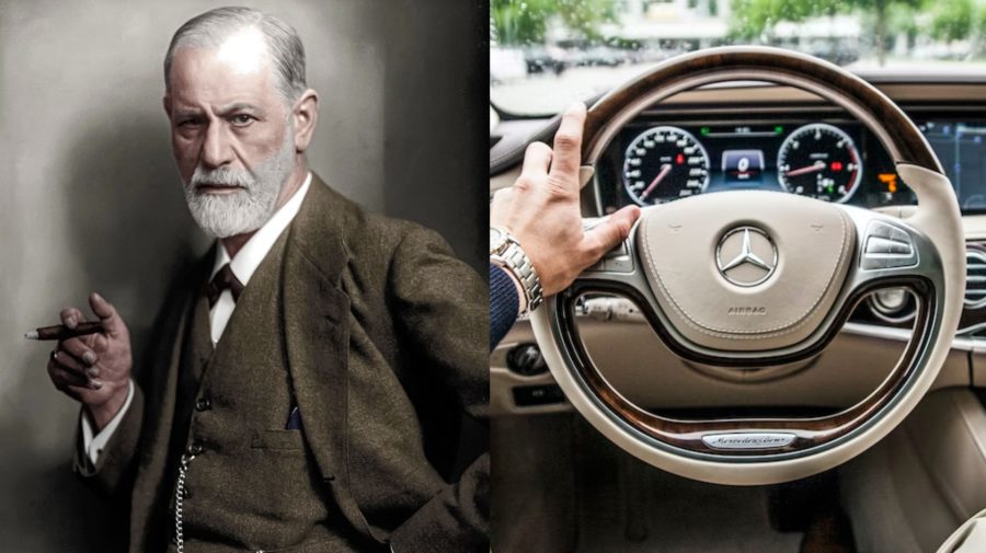 Na snímke je Sigmund Freud a volant.