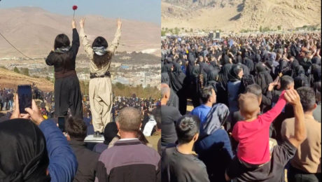 Ženy protestujúce v Iráne, dav ľudí, Irán púšť, demonštrácie