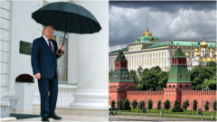 Vladimir Putin stojí pod dáždnikom. Záber na moskovský vládny palác Kremeľ