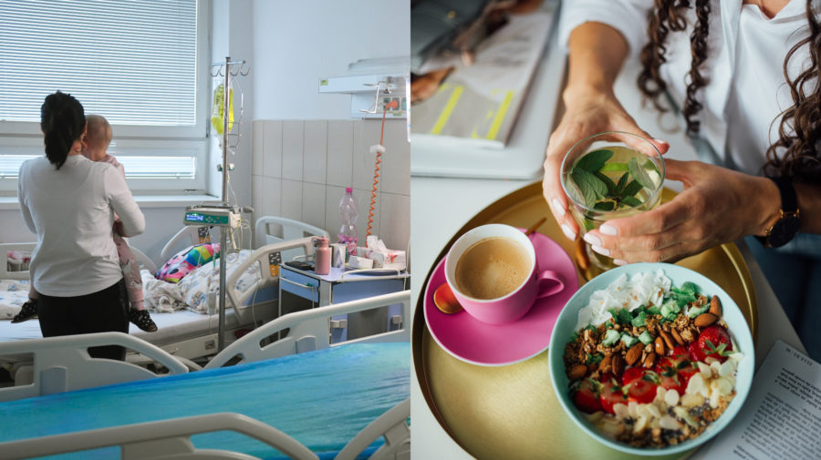 Slovenská onkológia, nemocničná posteľ, pacientka s dieťaťom a zdravá strava