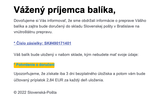 Ukážka podvodného e-mailu, ktorý sa skrýva za Slovenskú poštu