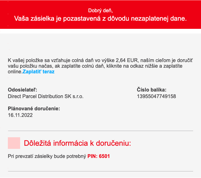Podvodný e-mail, ktorý bol doručený zákazníkovi, tváriac sa ako kuriérska spoločnosť DPD.