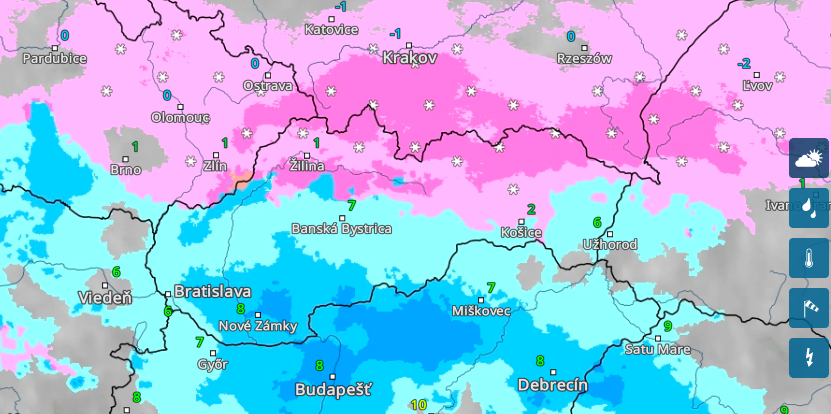 Počasie Radas/reprofoto, snehové a dažďové zrážky na území Slovenska, ktoré sú predpokladané na dnes o 15:00