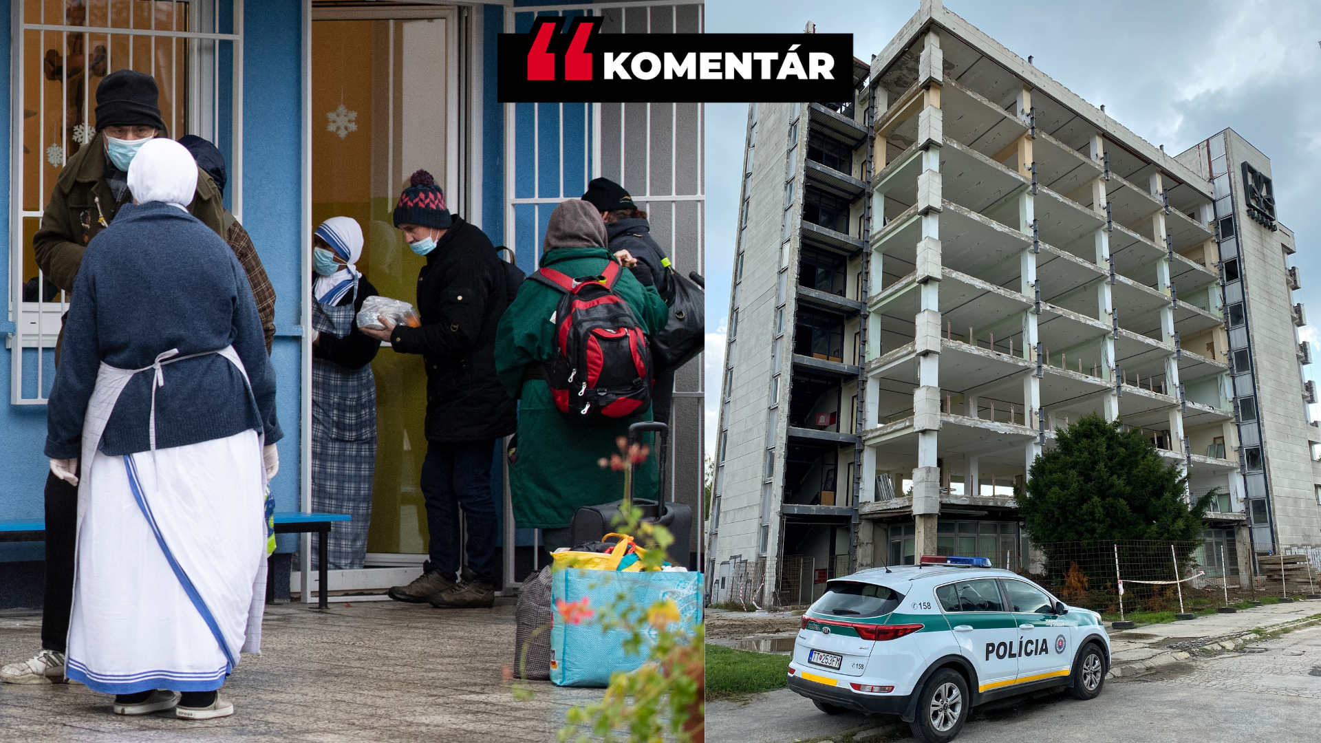 Ľudia bez domova a opustená budova