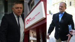 Robert Fico a Marian Kotleba a nápis RTVS
