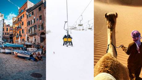 ženy na zemi v meste jedia zmrzlinu, lanovka v zasneženej krajine, muž vedie ťavu púšťou