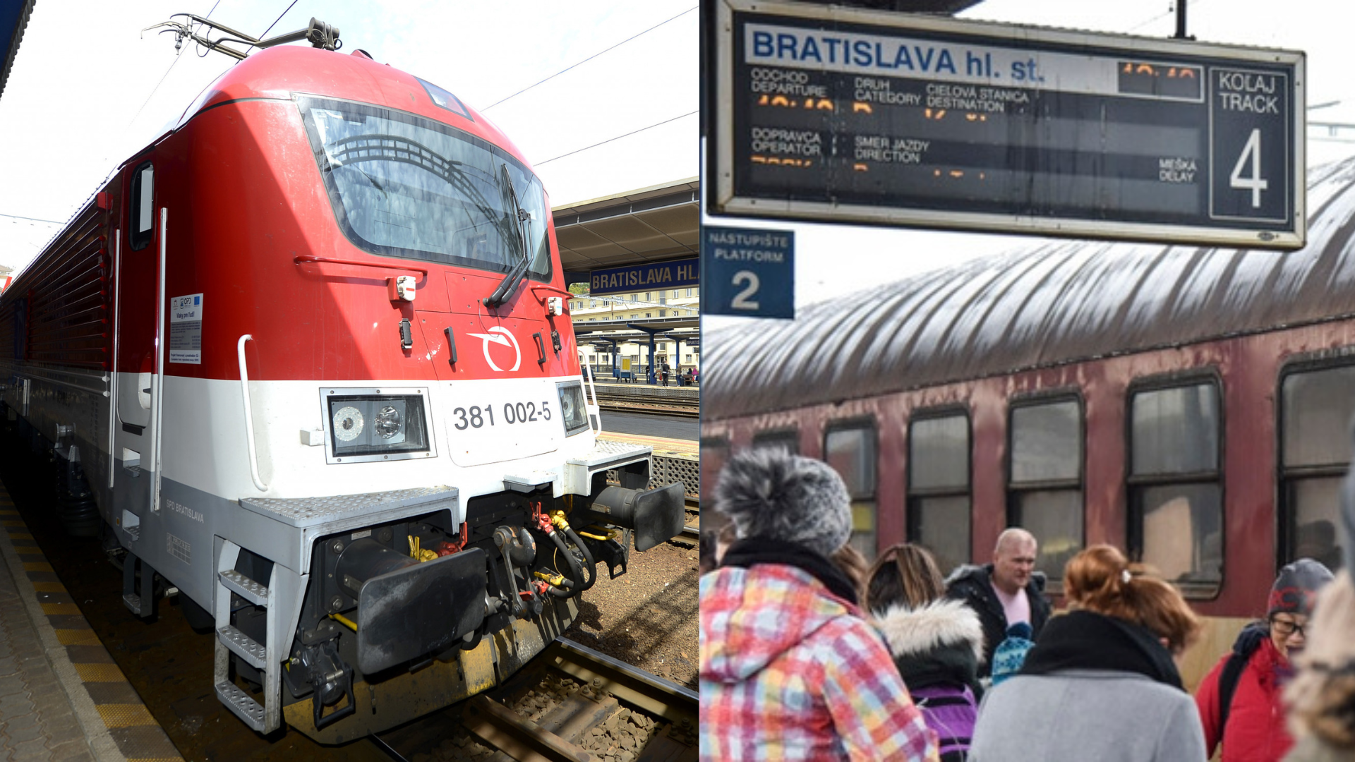 Na fotke vlak a ľudia na stanici