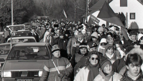 Ľudia na pochode do Hainburguu