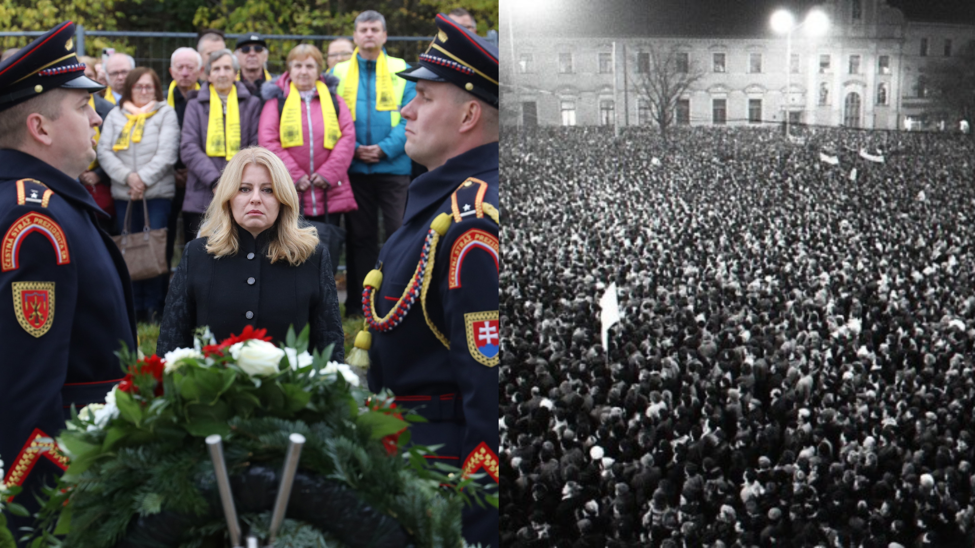 Na obrázku prezidentka Čaputová a námestie v novembri 1989