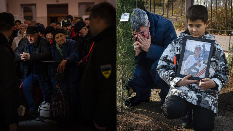 Ukrajinský dav a chlapček s obrazom otca