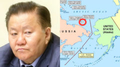 Mapa dohody medzi ZSSR a USA o námorných hraniciach, vyznačený je Wranglerov ostrov, politik poslanec dumy Fedot Tumusov
