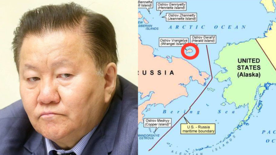 Mapa dohody medzi ZSSR a USA o námorných hraniciach, vyznačený je Wranglerov ostrov, politik poslanec dumy Fedot Tumusov